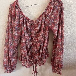 Floral Red Peasant Blouse with Drawstring Waist